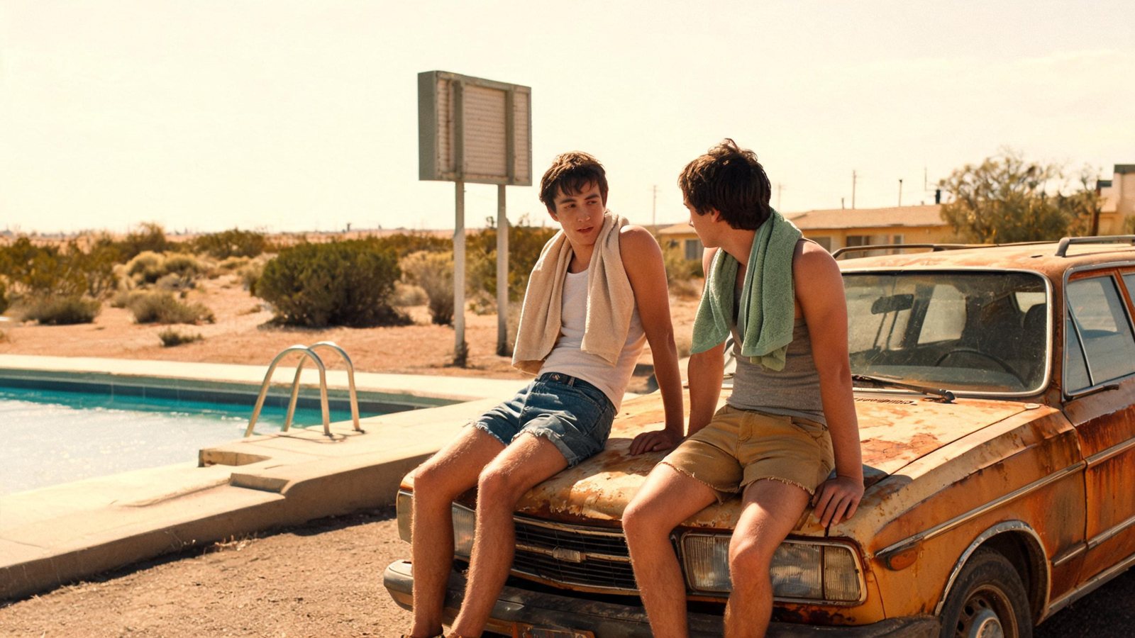 A still frame in a sun-bleached seventies look