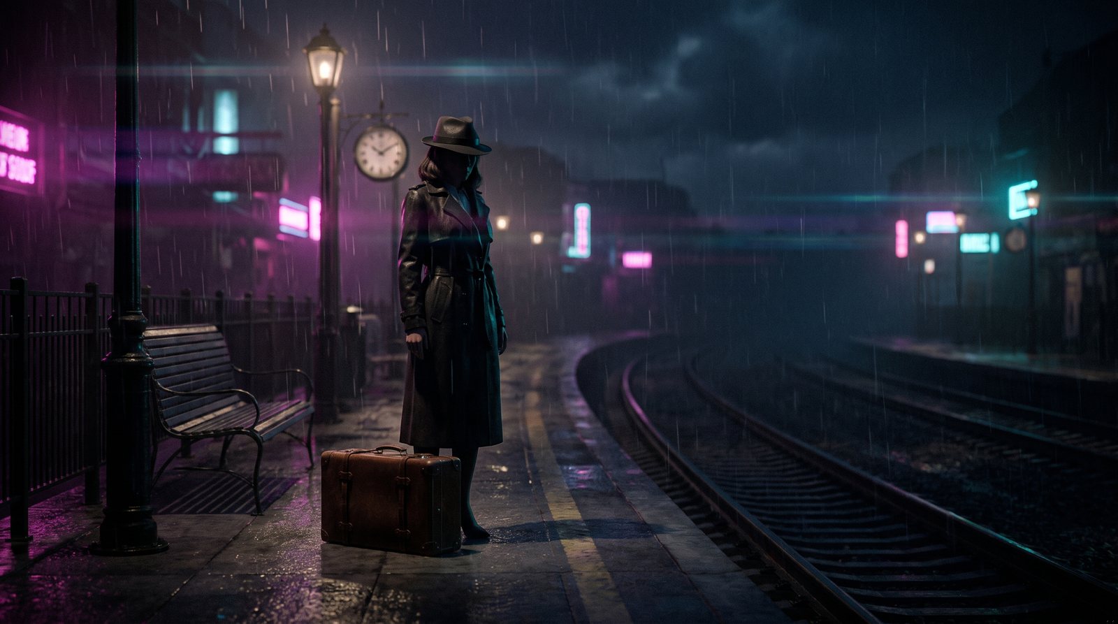 The platform scene in the Rainlight Noir look